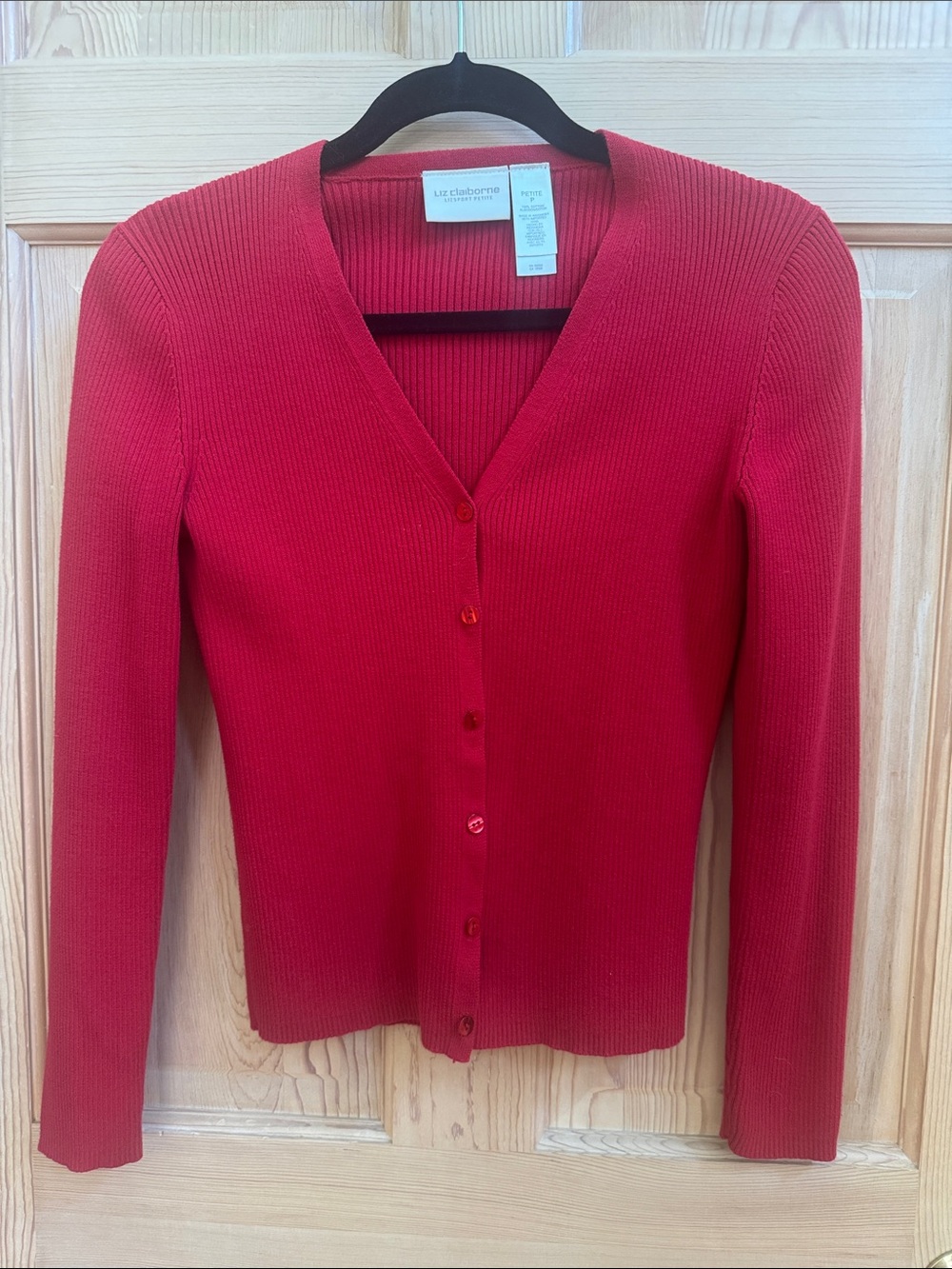 Liz Claiborne Red Ribbed V-Neck Button-Front Cardigan